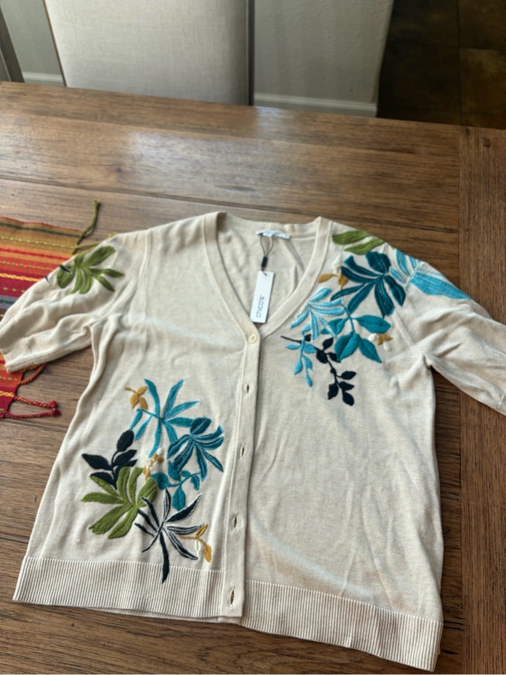 Chico's Cream V-Neck Cardigan with Teal, Green & Black Floral Embroidery